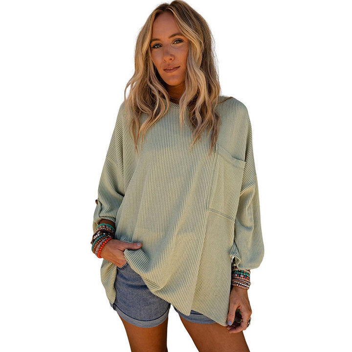 Solid Color Sweater Loose Casual Pocket Curling Threaded Long Sleeve Top