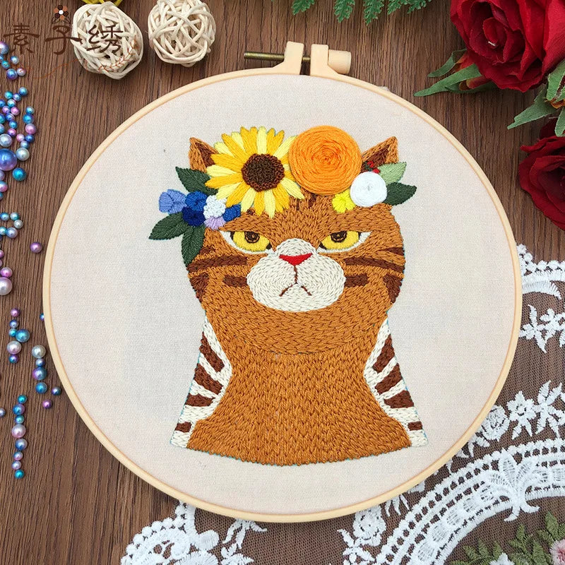 DIY Cat Embroidery Starter Kit with Hoops & Threads for Beginners