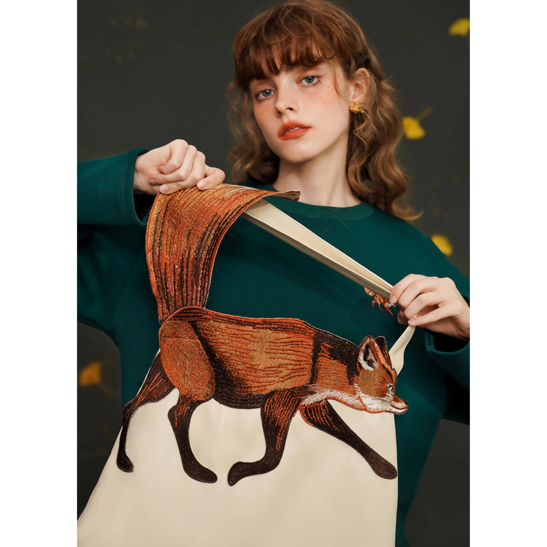 Chic Embroidered Fox PU Leather Bag for Women