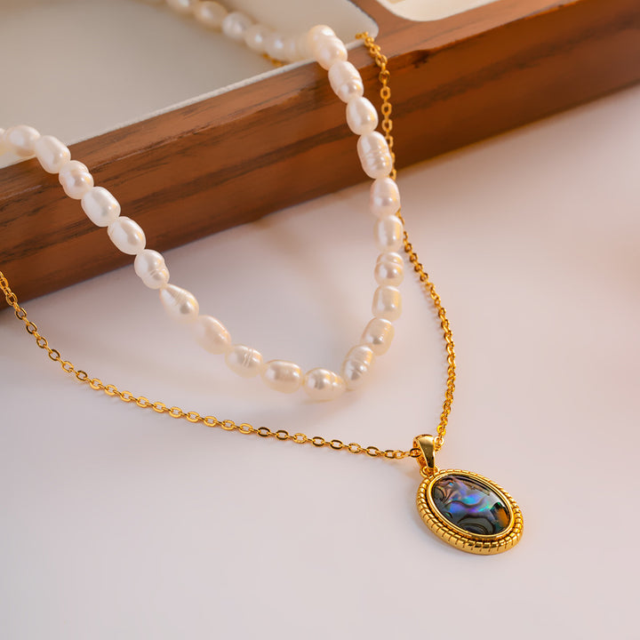 Double-layer Natural Pearl Oval Pendant Necklace