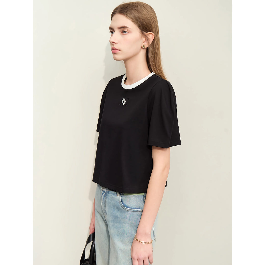 Minimalist Women's Spliced Embroidery Cotton T-Shirt