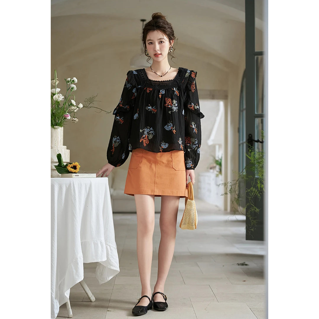 Korean Embroidered Dandelion Blouse with Lace Square Neck