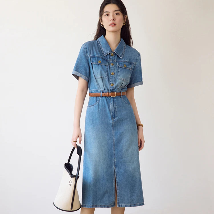 Denim Blue Polo Neck Short Sleeve Shirt Dress