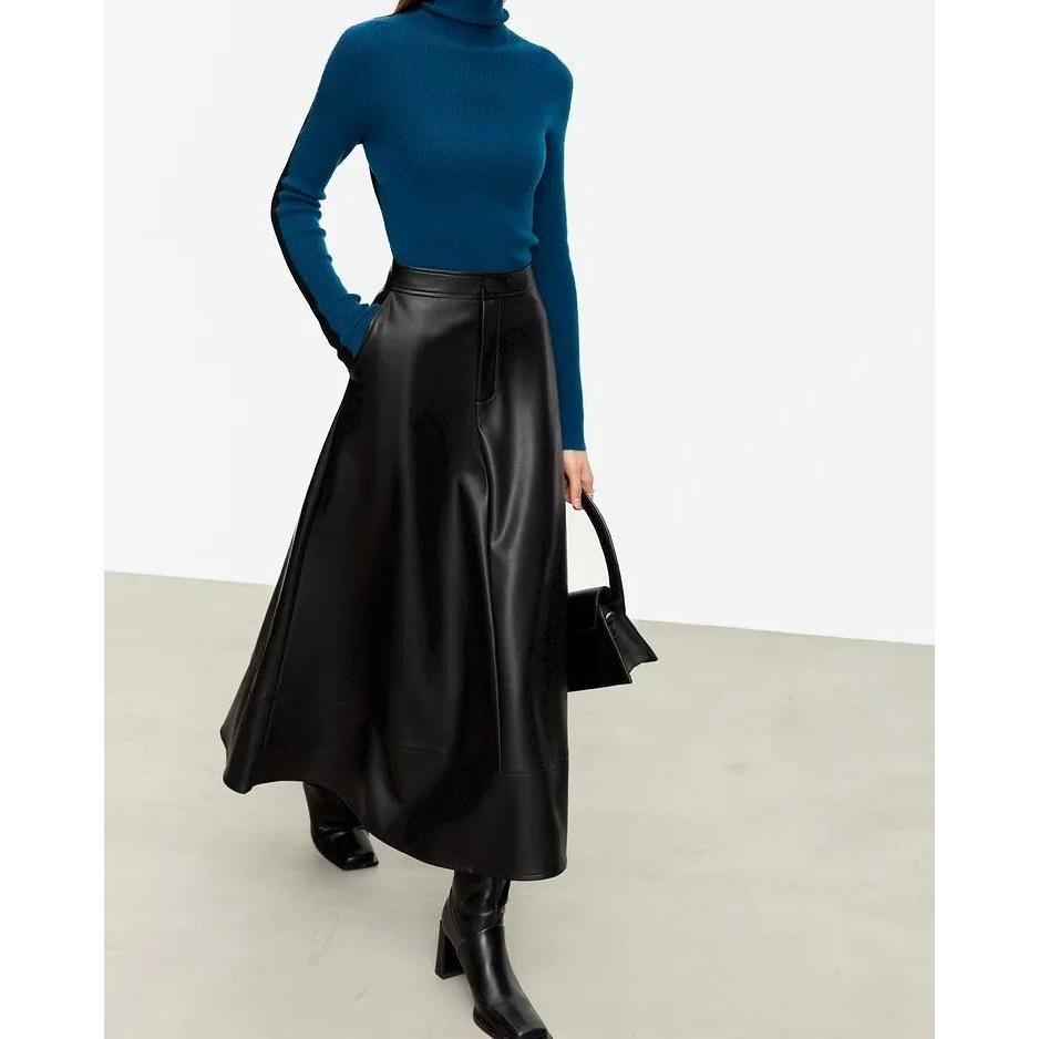 Elegant Autumn Ankle-Length A-Line Leather Midi Skirt for Women