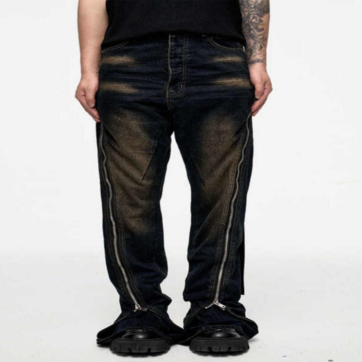 Washed Distressed Double-open Loose Zip Flared Jeans