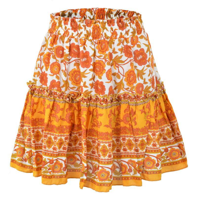 Ethnic Women Elastic Waist Floral Ruffle Pleated Printed Mini Short Skirts