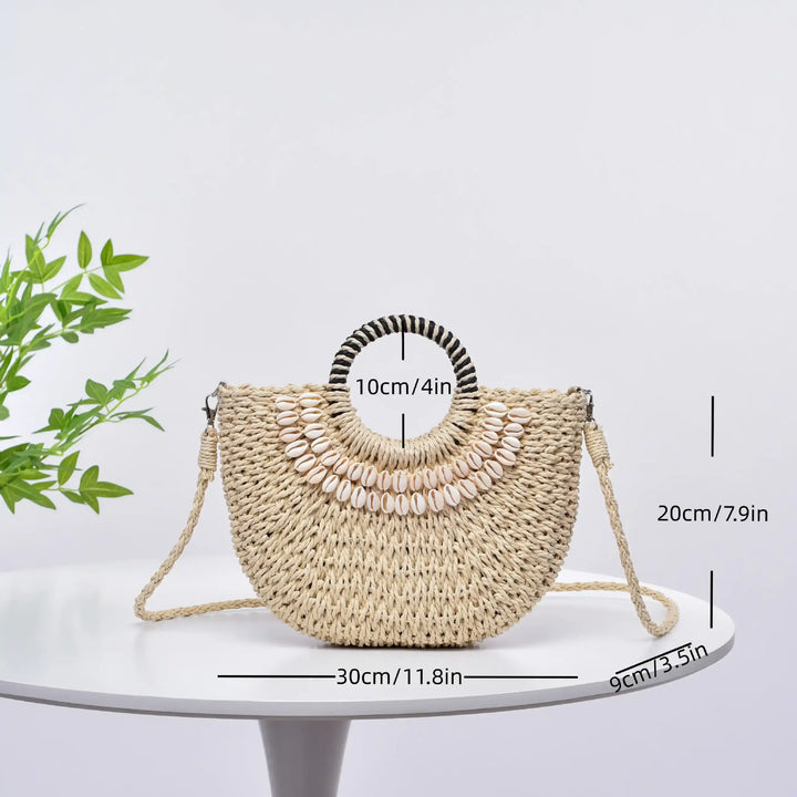 Handmade Straw Woven Seashell Beach Resort Crossbody Handbag