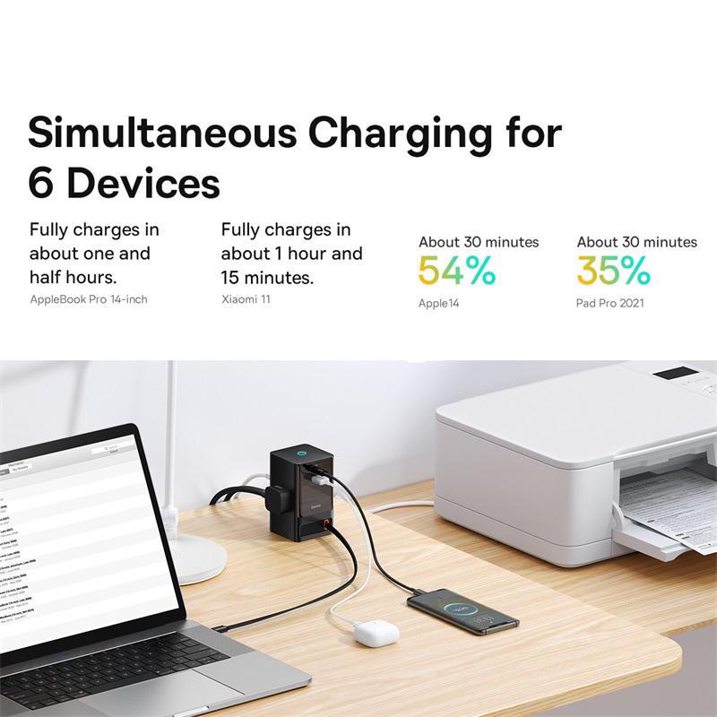 65W GaN Fast Charger with Digital Desktop Power Strip & Smart Control