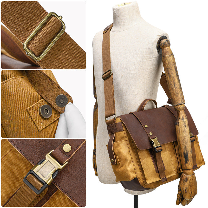 First Layer Cowhide Waxed Canvas Crossbody Shoulder Bag