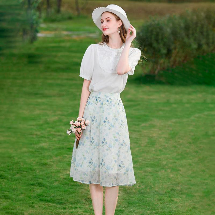 Summer Floral Chiffon Midi Skirt