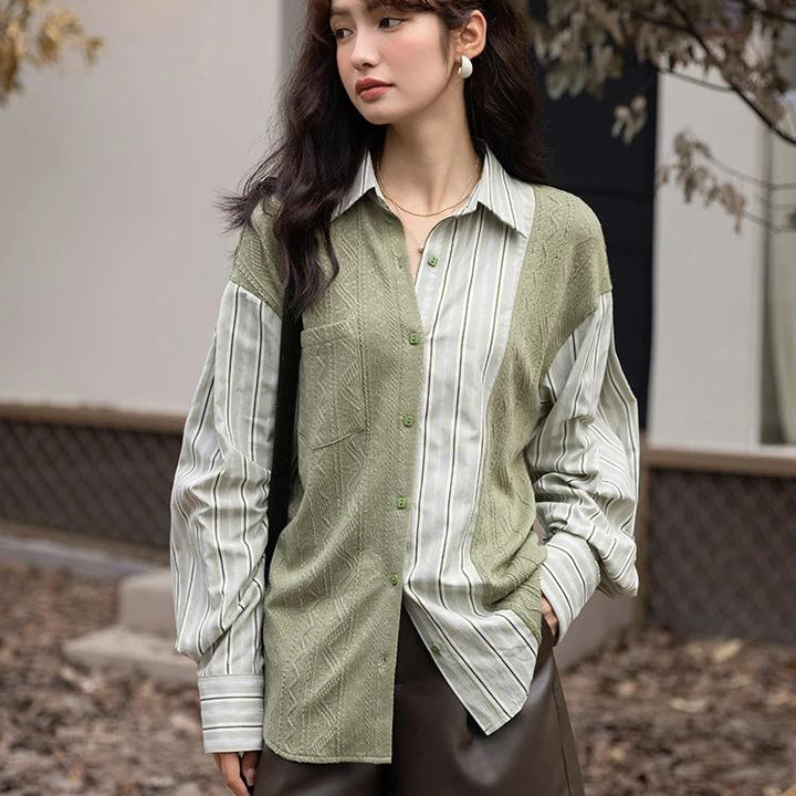 Autumn Korean Knitted Patchwork Striped Turndown Collar Casual Tops for Women