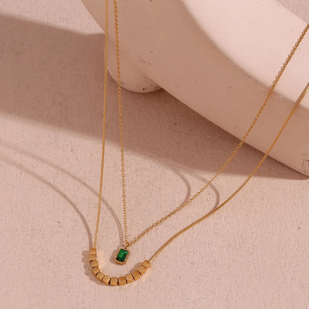 18K Gold Plated Green Rhinestone Pendant Double-Layer Necklace