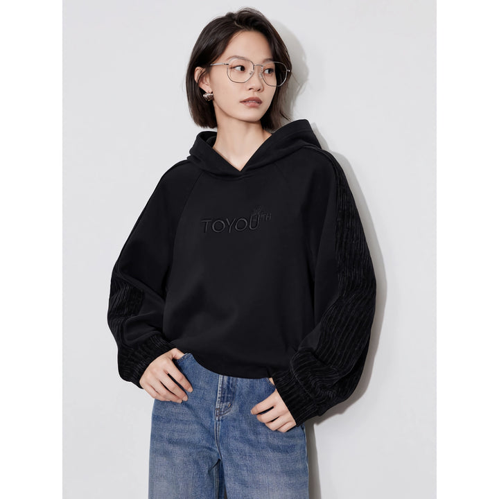 Women’s Fleece Embroidered Splicing Hooded Pullover