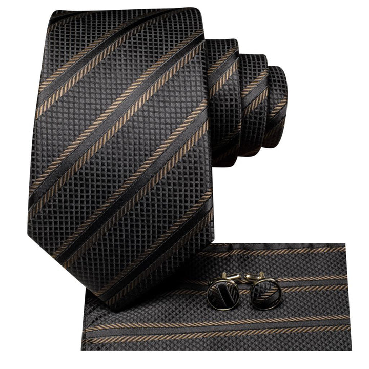 Black Brown Striped Necktie Set with Handkerchief and Cufflinks