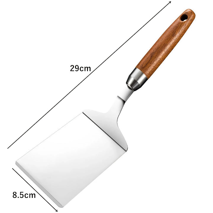 Stainless Steel Cooking Spatula with Wooden Handle - Teppanyaki, Pizza, Pancake, and BBQ Utensils