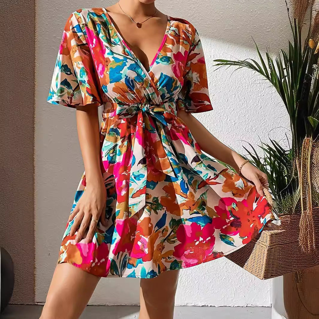 Floral Print Cross Collar Belt Women's Dress