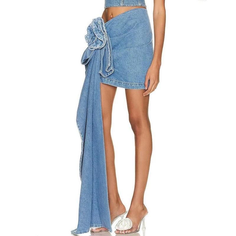 Chic High Waist Blue Denim Skirt with 3D Rose Detail