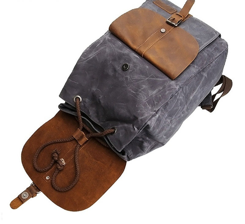 Waterproof Outdoor Travel Crazy Horse Leather Casual Nylon Men's Backpack Canvas Bag