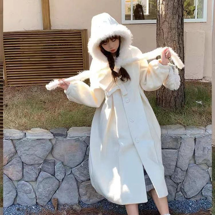 Versatile Mid-length Woolen Coat Loose Hooded Woolen Coat