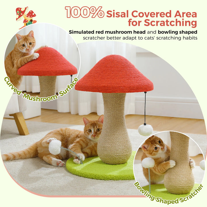 Mushroom Cat Scratching Post with Sisal & Pompoms