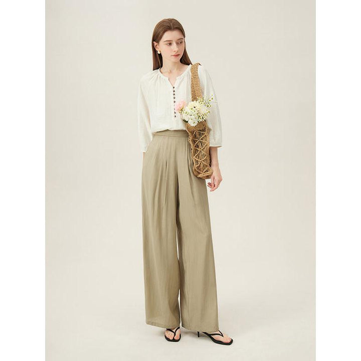 Elegant Beige Linen Blend Blouse with Three-Quarter Raglan Sleeves for Summer