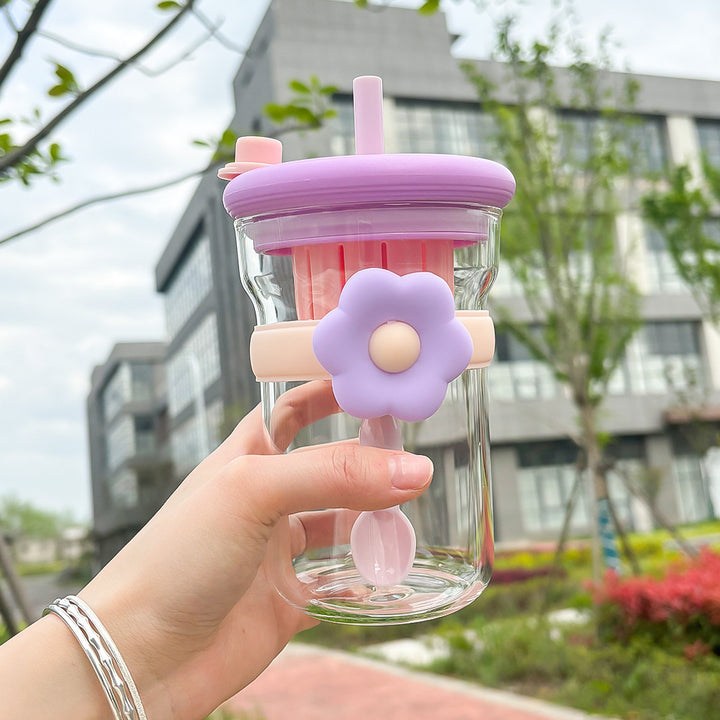 Flower Glass Cup with Lid, Straw, and Infuser