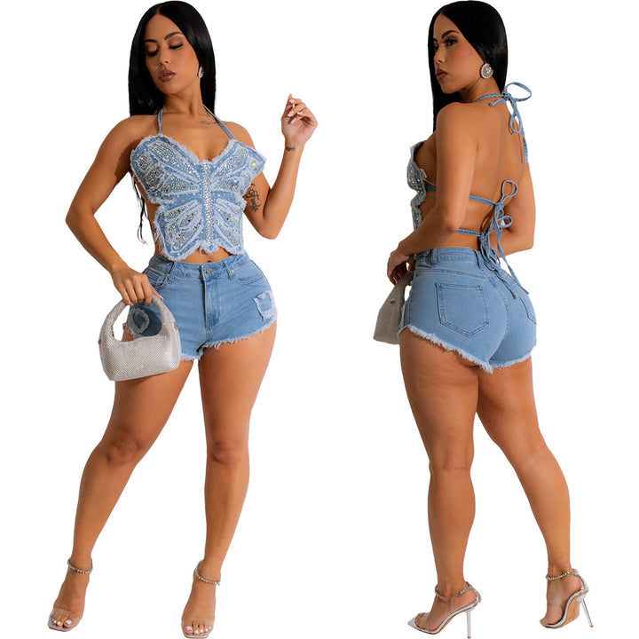 Summer New Denim Rhinestone Butterfly Strap Washing Irregular Suit