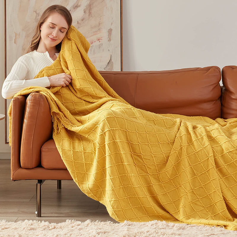 Cozy Mustard Yellow Knitted Throw Blanket