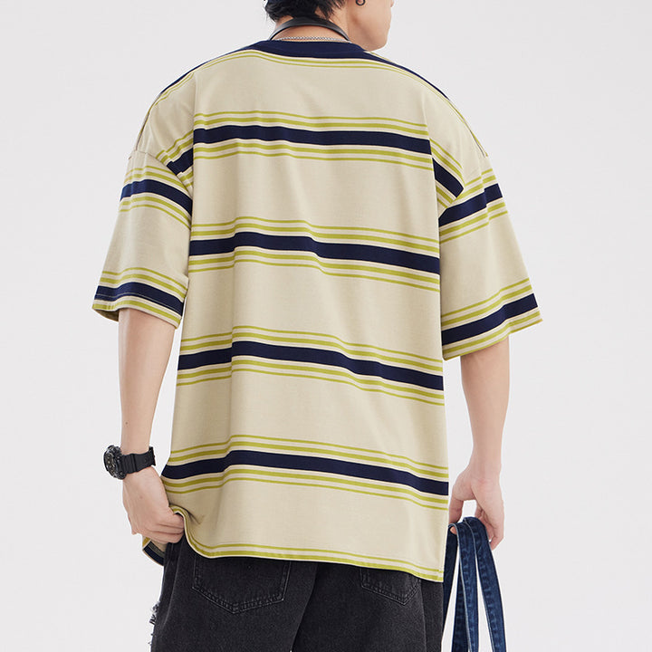 Vintage Stripe Round Neck T-shirt Men's Loose Preppy Style Couple All-match Fashion Half Sleeve Shirt