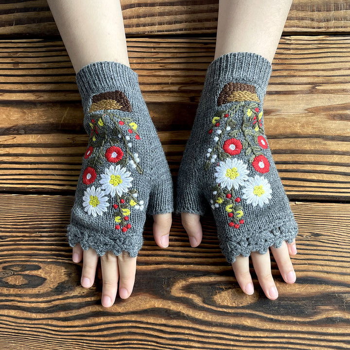 Potted Little Red Flower Long Warm Women's Knitted Gloves