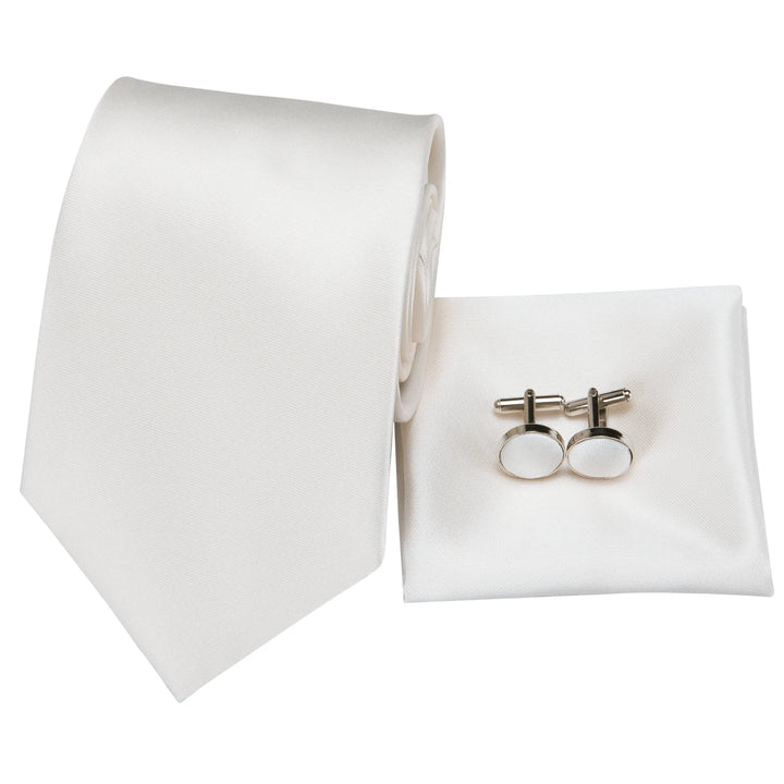 Classic White Silk Necktie Set with Pocket Square & Cufflinks