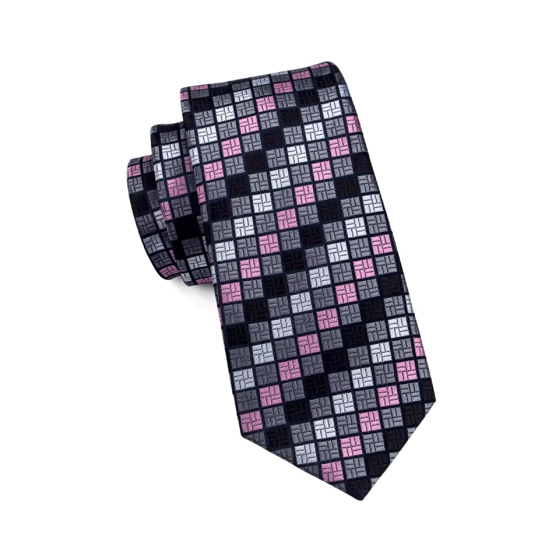 Elegant Grey Plaid Silk Tie Set with Cufflinks and Pocket Square