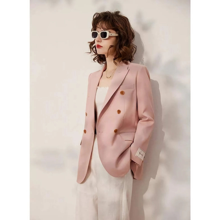 Spring Pink Double Breasted Blazer for Women - Stylish Office Suit Jacket