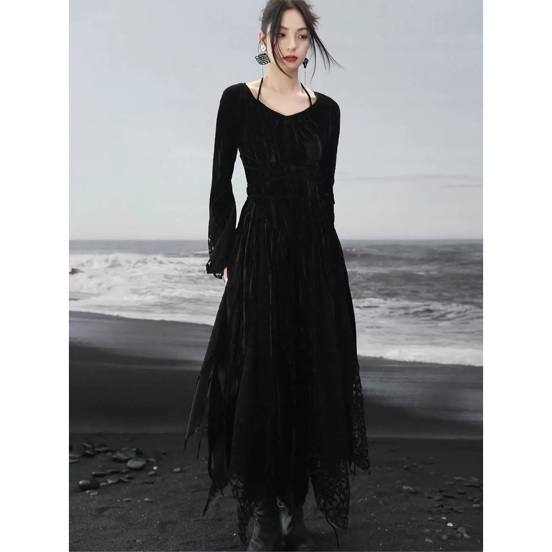 Dark Velvet Lace Splice Dress for Women - Elegant Autumn Style