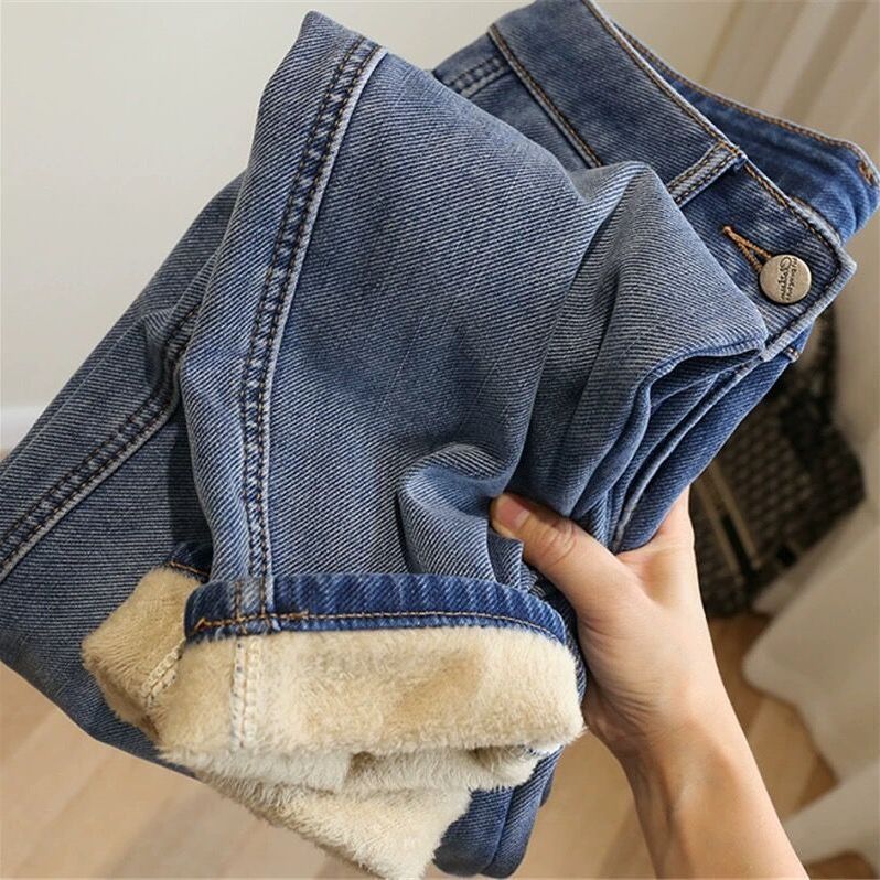 Add Fleece And Thick Blue High-waisted Daddy Jeans For Children Fall Winter