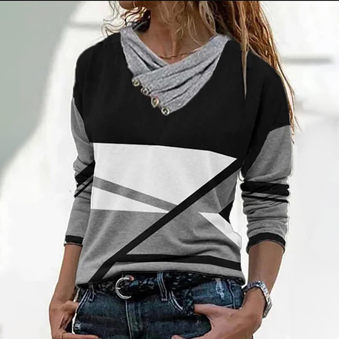 Stripe Positioning Print Button Discount V-Neck Pullover Fashion Autumn Winter Top