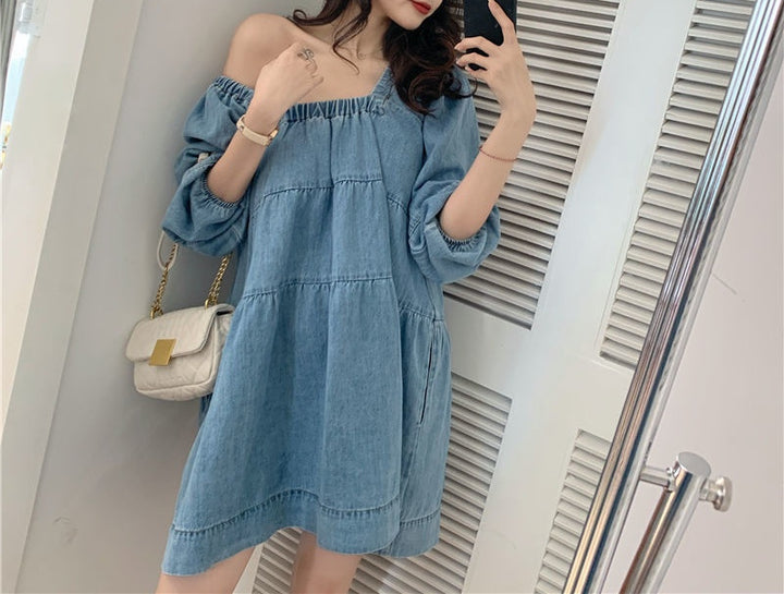 Square-cut Collar And Blue Dress French Girl Loose Skirt Female