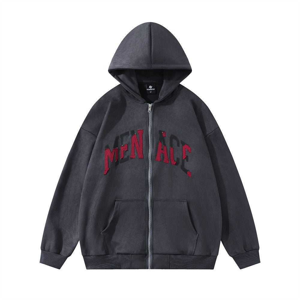 Design Patch Letter Hooded Loose Coat Men's Sweater