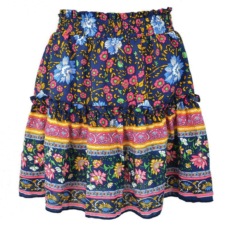 Ethnic Women Elastic Waist Floral Ruffle Pleated Printed Mini Short Skirts