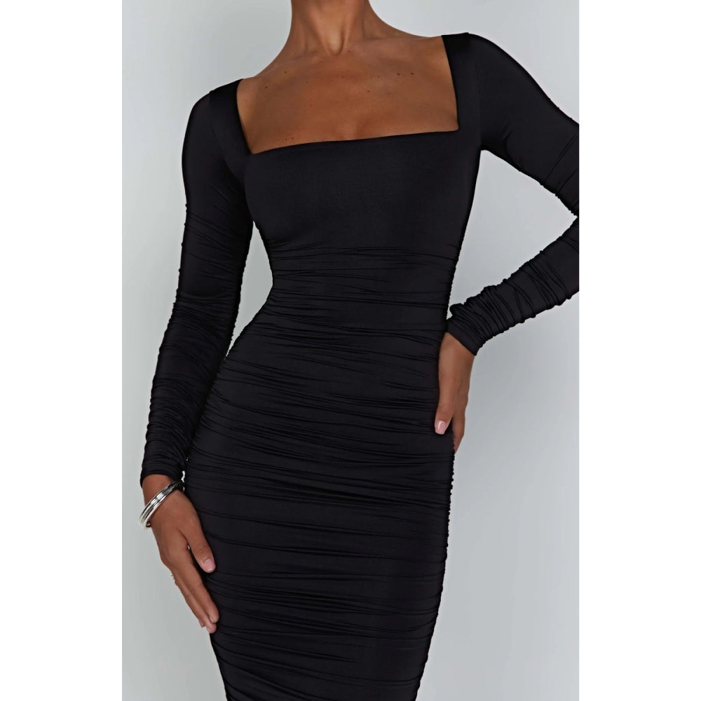 Autumn Winter Long Sleeve Ruched Midi Dress for Women