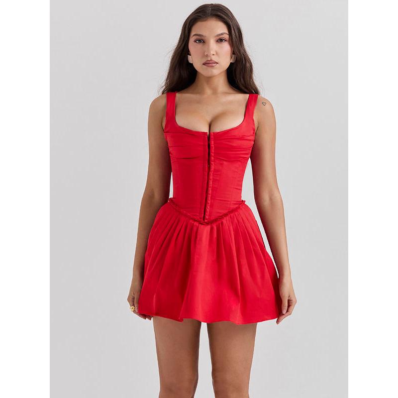 Red Sleeveless Mini Dress with Square Collar and Backless Design