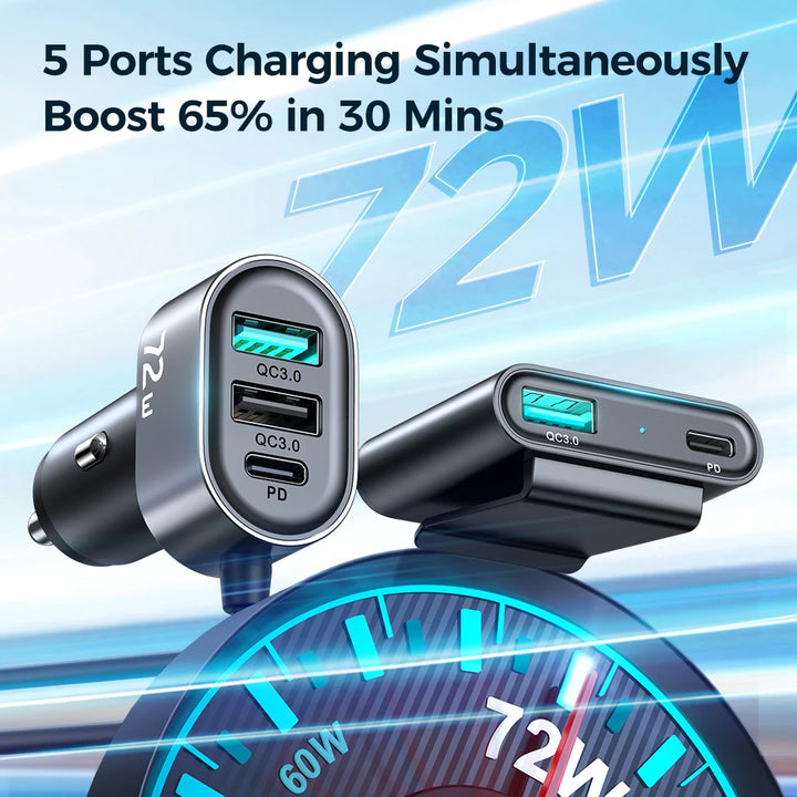 78W 5-Ports Car Charger with LED and Fast Charging USB C Adapter for Cars