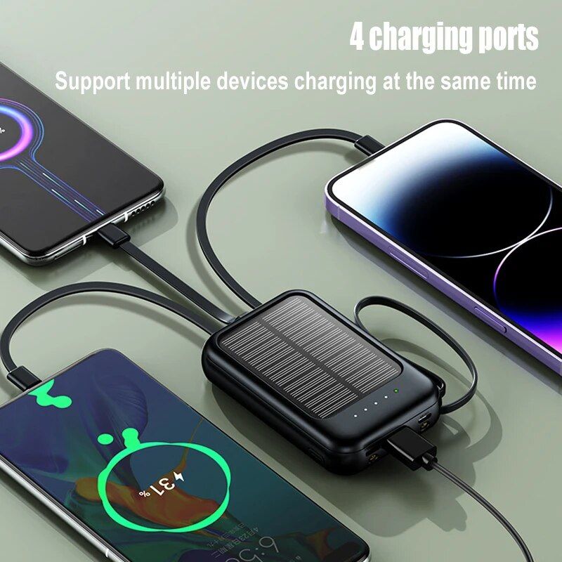 Solar Power Bank 20000mAh with LED Lights & Built-in Cables