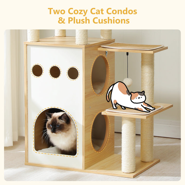 Modern Wooden Cat Tree Tower with 2-Floor Condo, Scratching Posts