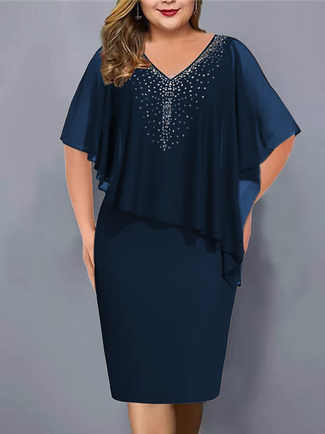 Plus Size Women's Chiffon Stitching Rhinestone Irregular Half Sleeve Dress