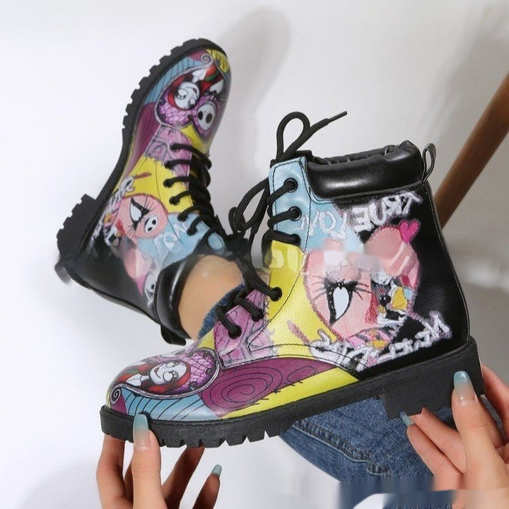 Women's Printed Cartoon Lace-up High-top Leather Boots