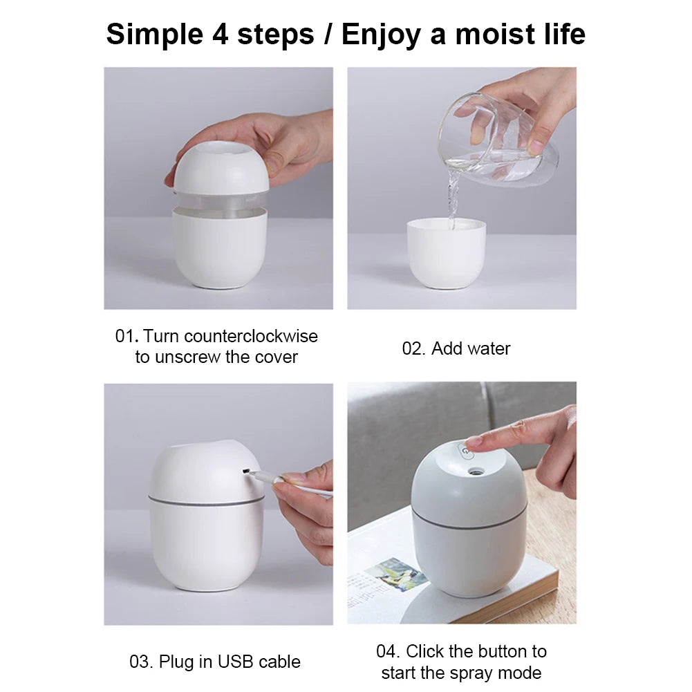 Compact Ultrasonic Humidifier & Aroma Diffuser with LED Night Lamp - 220ML USB Powered