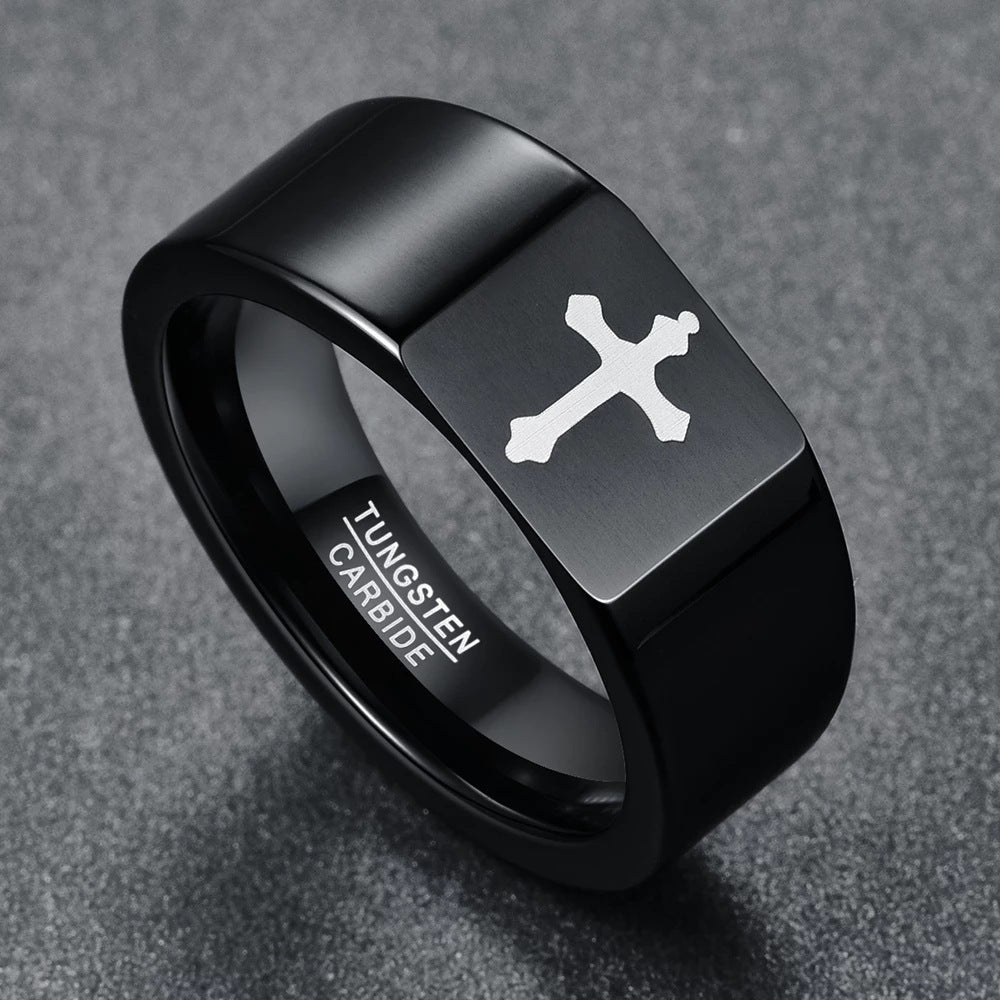 Tungsten Steel Ring Personalized Cut Flower Black Laser