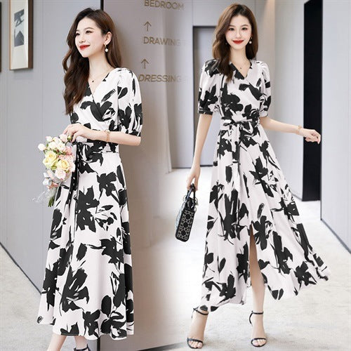 Fashion V-neck Printed Short Sleeve Dress Women