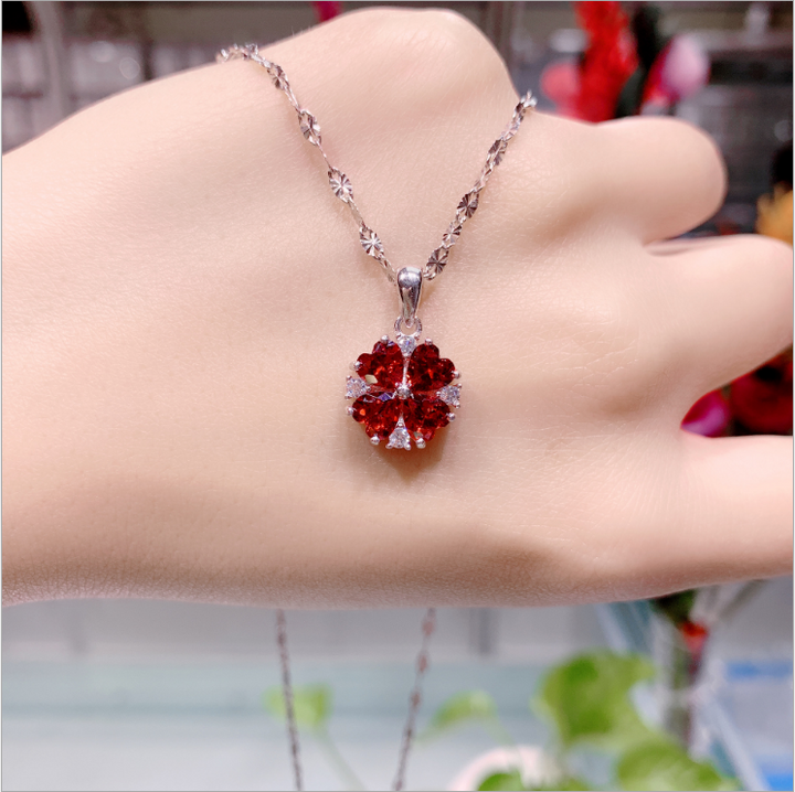 Sterling Silver Red Zircon Lucky Grass Collar Chain